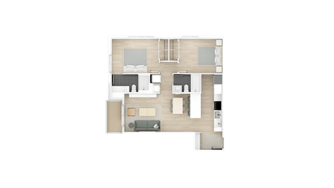 Two bedroom, two bath 873 sq.ft apartment suite with a Northwest view.